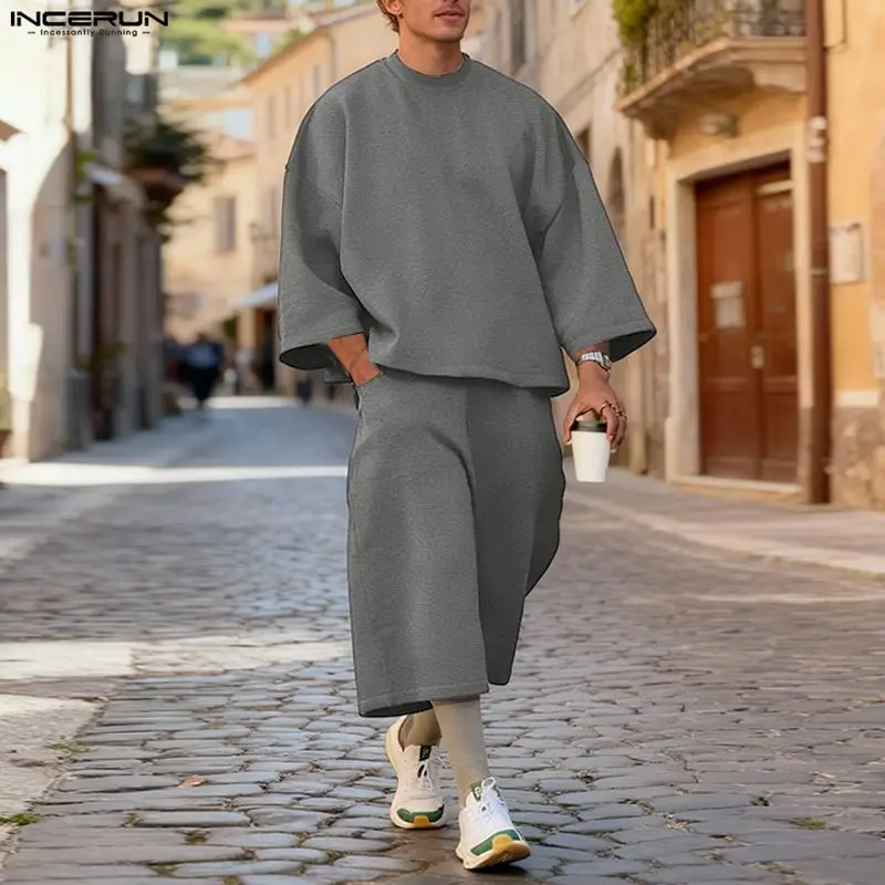 Street Fashion Baggy - INCERUN Men Sets Solid Color Baggy