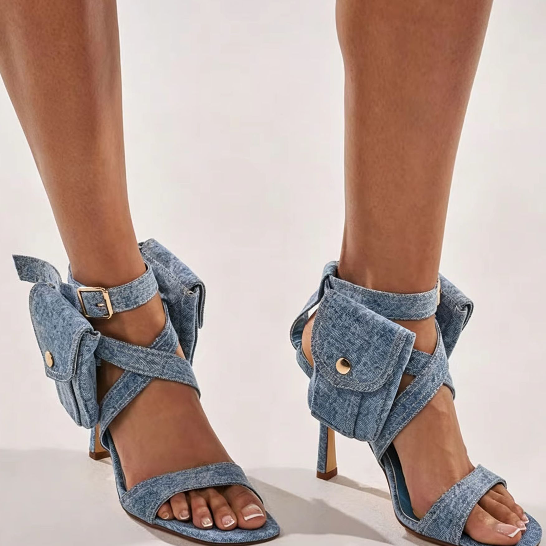 Street Fashion Y2K - Women Blue Denim Pocket Ankle Strap