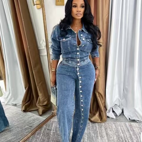 Jeans Suit Women Denim 2 Piece - Street Fashion Jacket ulasan dan harga