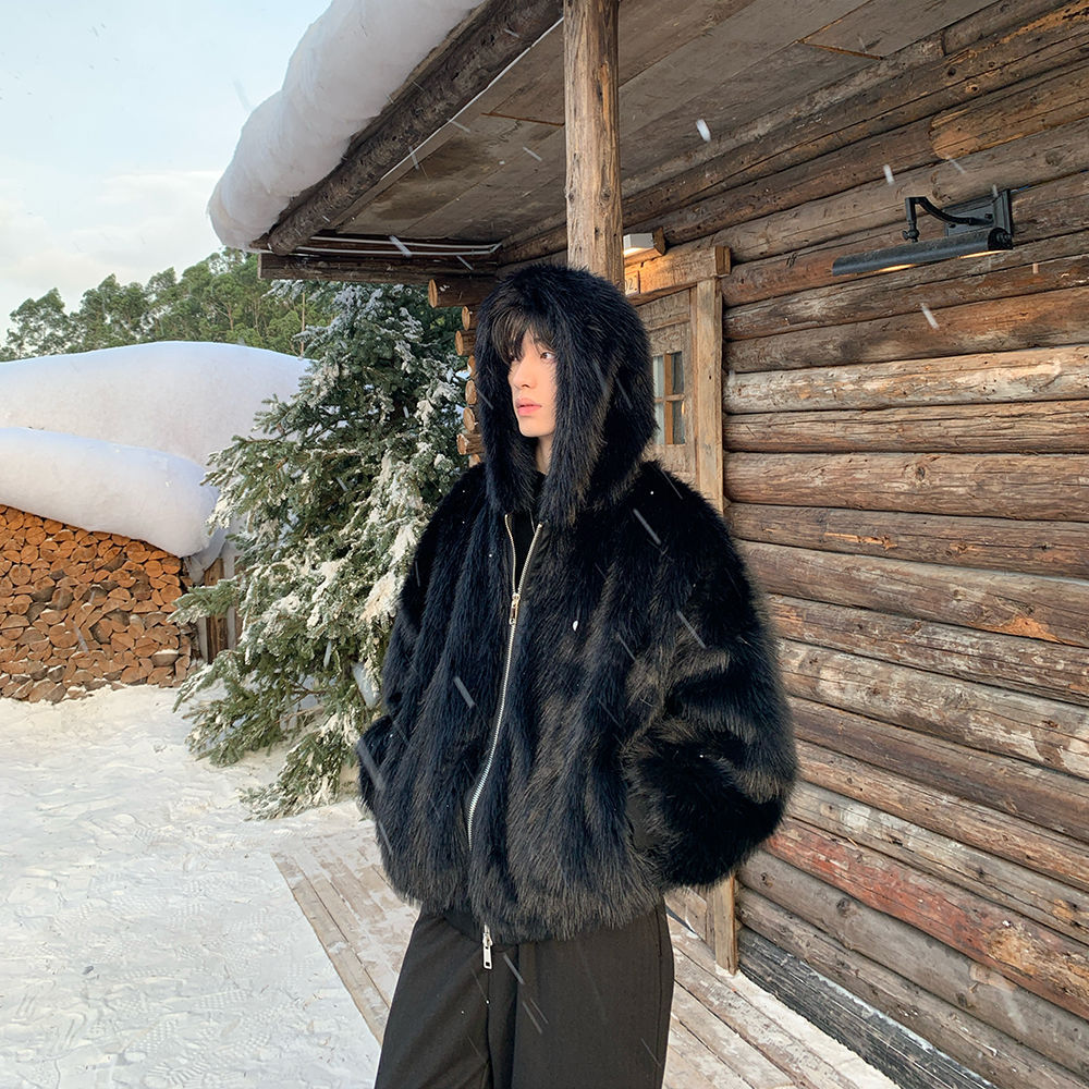 Men Faux Fur Coats Jackets Hoo - Street Fashion Jacket Men ulasan dan harga
