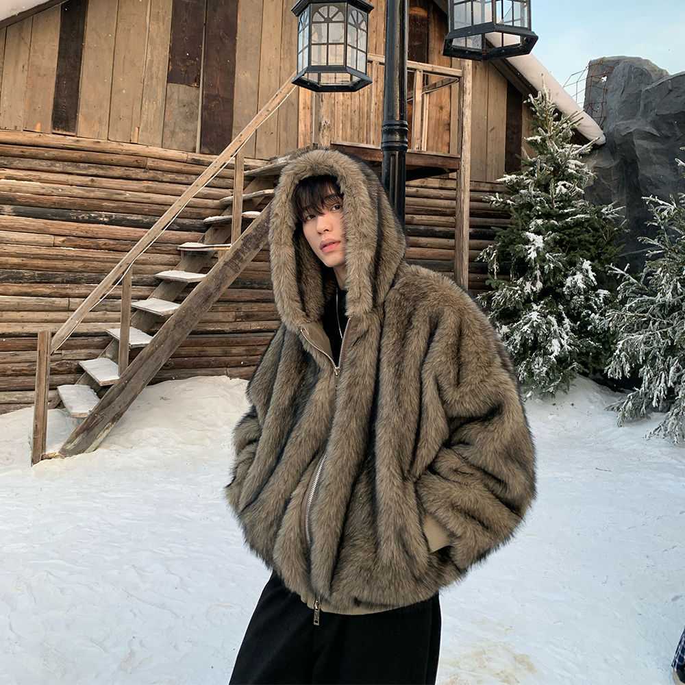 Men Faux Fur Coats Jackets Hoo - Street Fashion Jacket Men ulasan dan harga