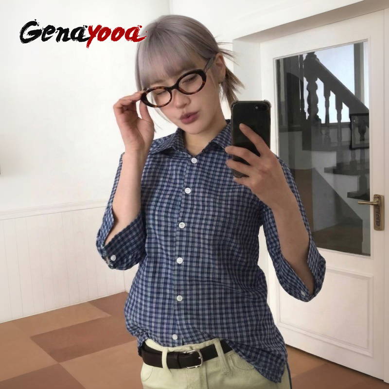 Genayooa Y2k Plaid Shirt Women - Street Fashion Japan ulasan dan harga