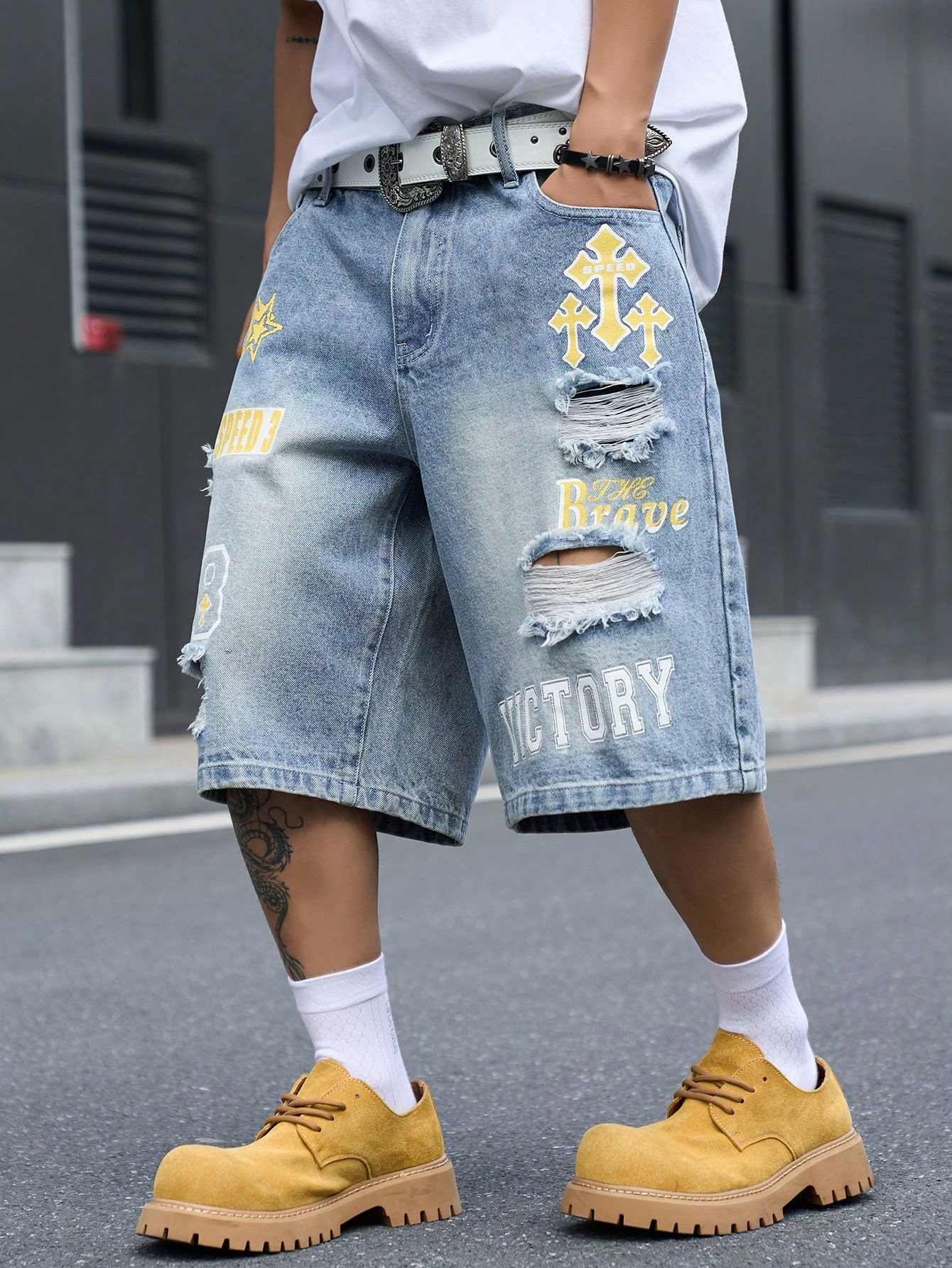 Men's Loose Fit Denim Bermuda  - Street Fashion Baggy ulasan dan harga